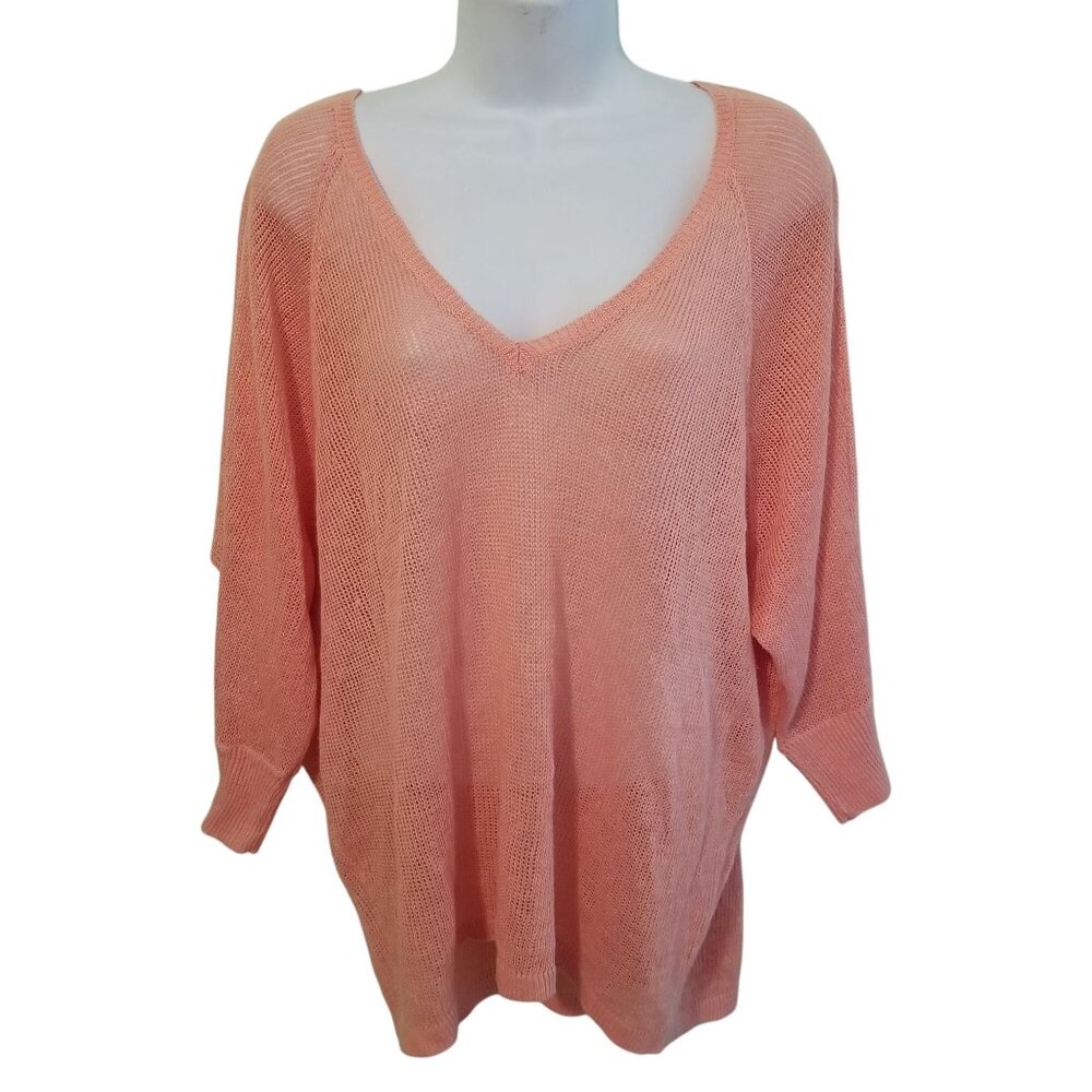Eileen‎ Fisher S Coral Fisherman Open Knit Sweater Linen Pullover V Neck Coastal